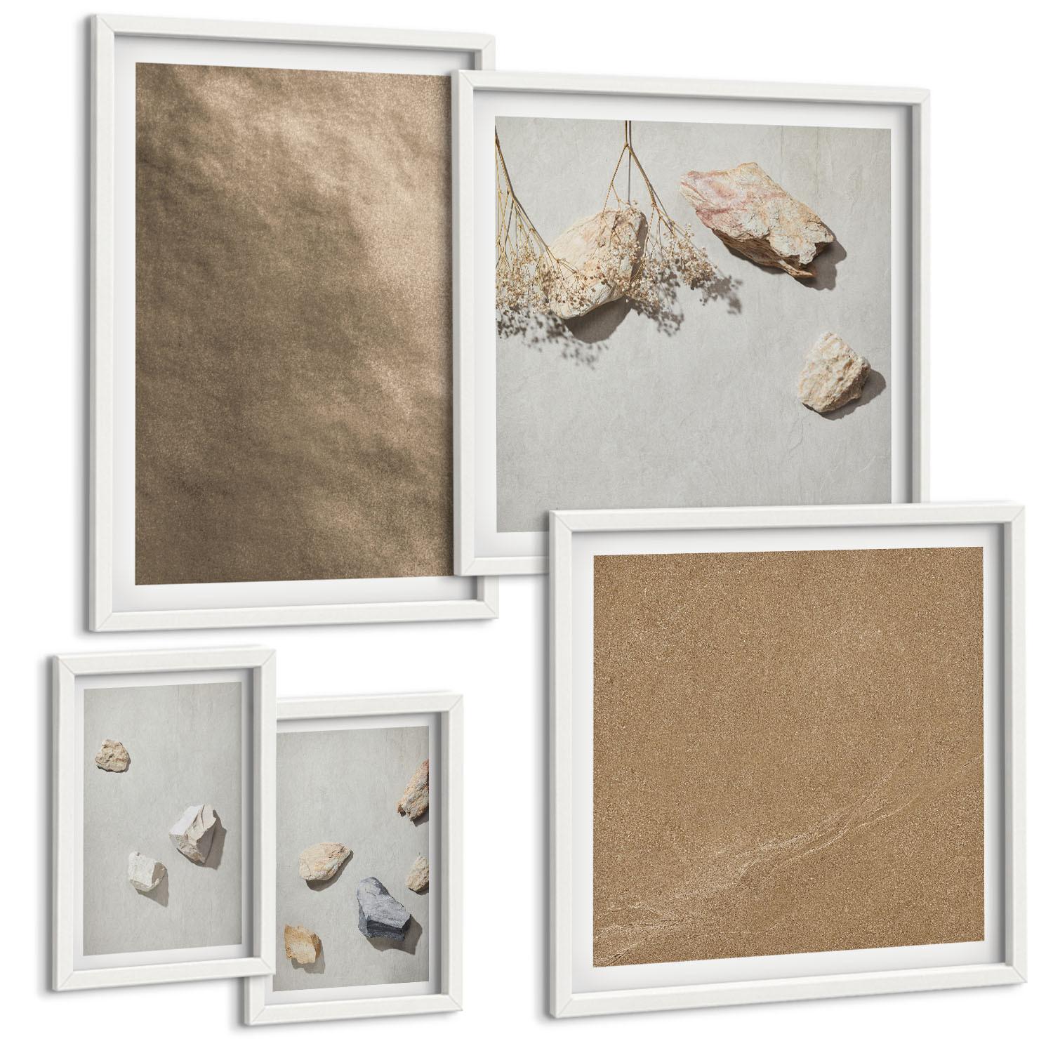 BILDER SET 5er Set - 50x50 cm & 20x30 cm & 40x60 cm Weißer Rahmen - Strandsteine natürliche Strukturen - Weiß, Kunststoff (40/60cm) - TULUP