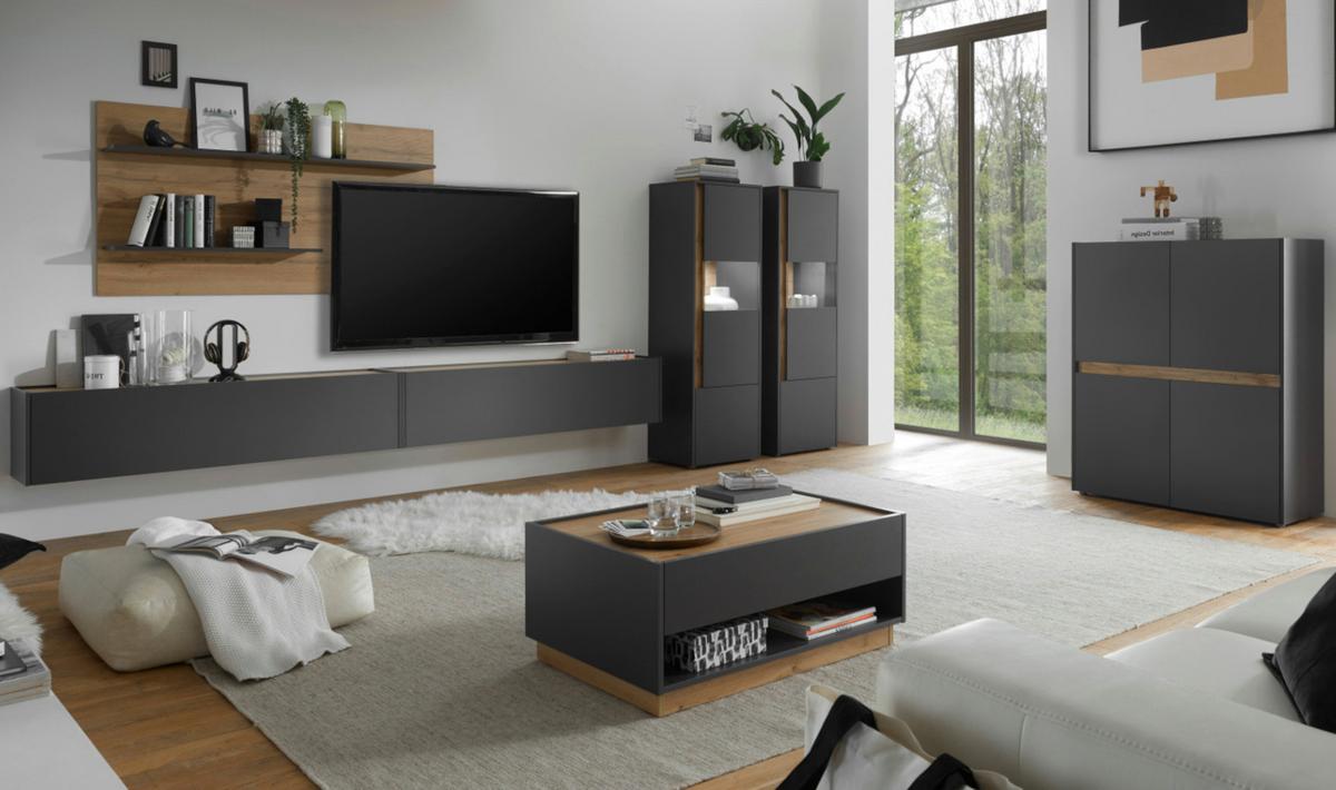 WOHNWAND grau matt, Eiche Wotan 3-teilig 300 cm, Schrankwand hängend - Eiche Wotan/Grau, Holzwerkstoff/Metall (300/180/30cm) - Furn.Design