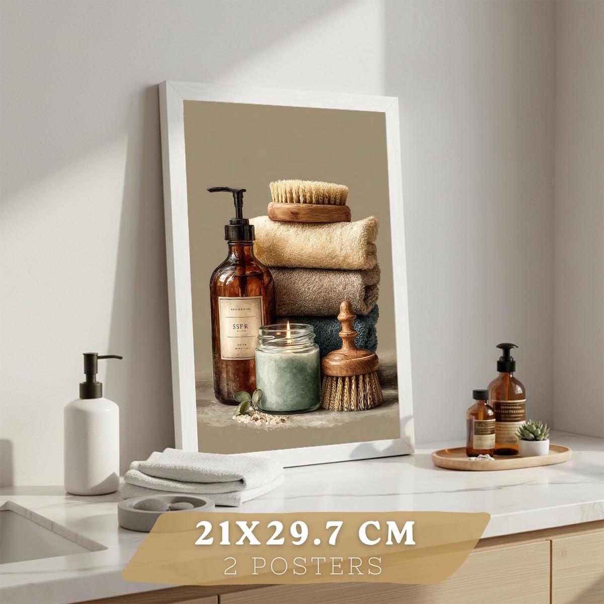POSTER 2er-Set dekorative Badezimmer-Wandbilder und für Waschbecken, Dusche, WC mit Seifen, Handtüchern und Bürsten, Naturstil Weißer Rahmen A4 - Weiß, Papier (29.7/21/3cm) - Nacnic