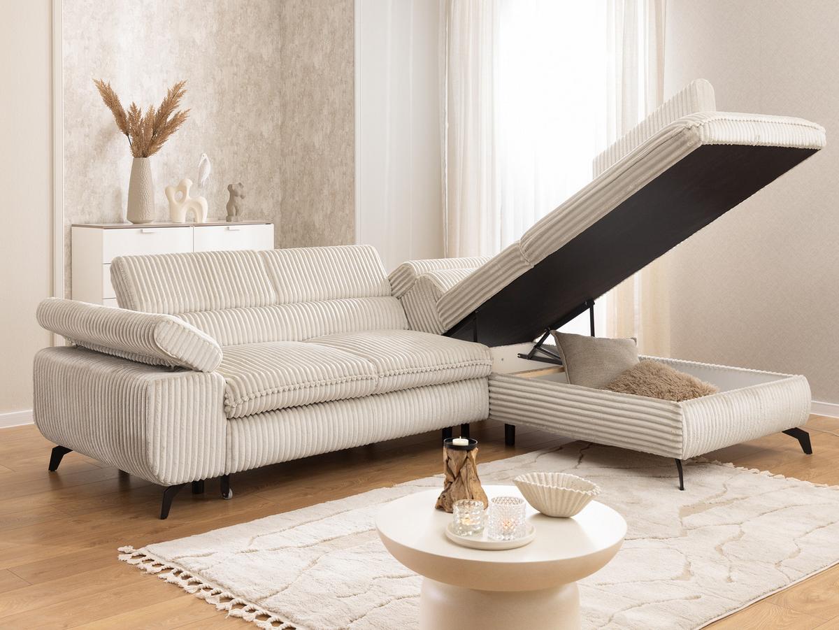 ECKSOFA mit Schlaffunktion und Bettkasten Bonnie aus Creme Cord-Stoff mit verstellbaren Kopfstützen und Armlehne - Ottomane rechts - Creme/Schwarz, Holz/Textil (275/210cm) - S-Style