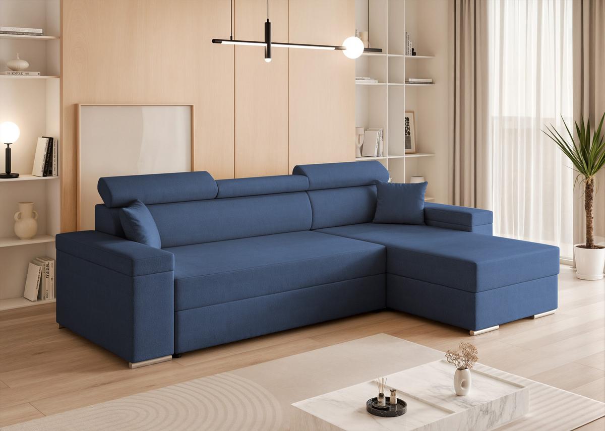 ECKSOFA AISHA Rechts mit Schlaffunktion und Bettkasten Marineblau - Chromfarben/Dunkelblau, Kunststoff/Textil (250/130cm) - Idohome