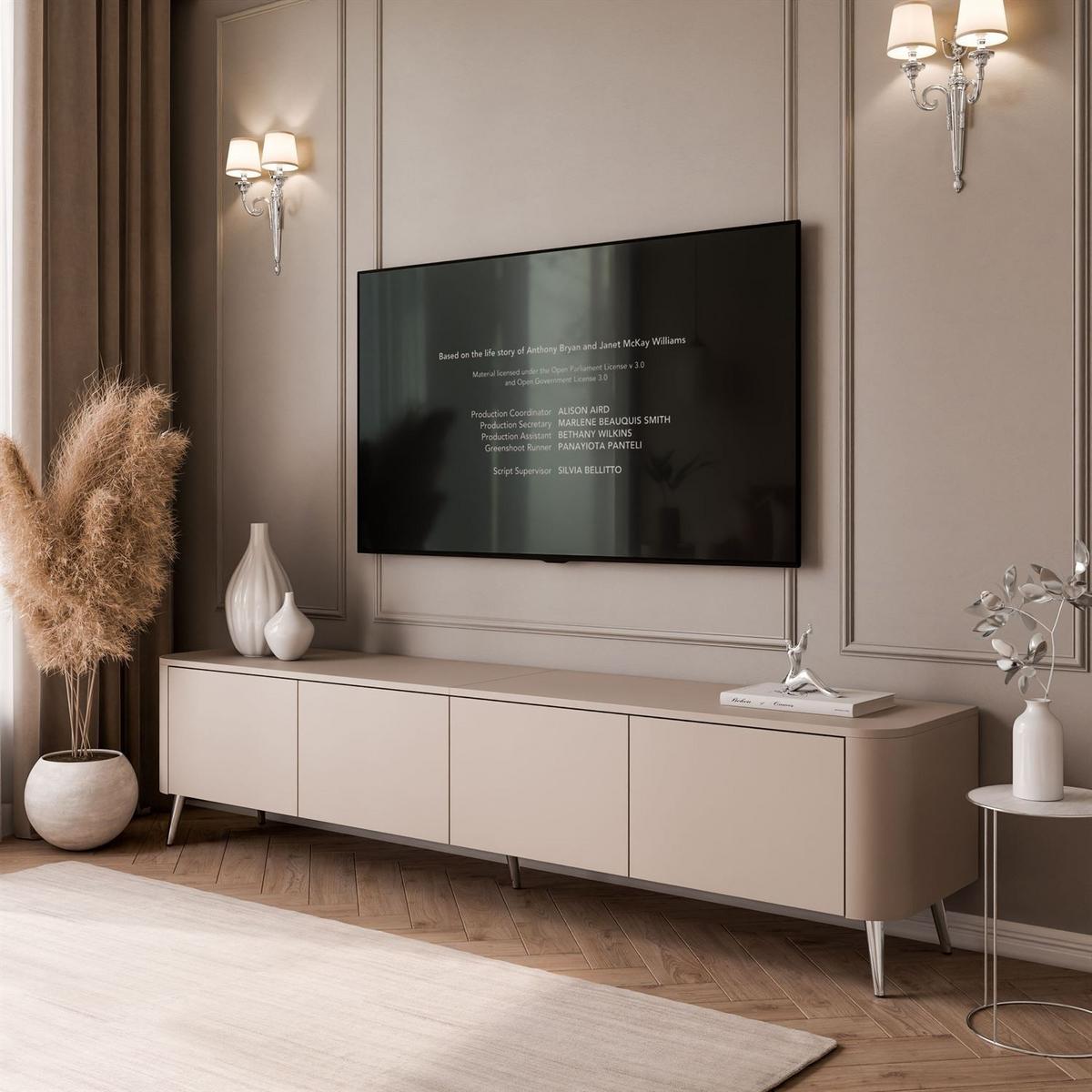 TV-SCHRANK CELESTE PUSH OPEN mit Beleuchtung auf Schräge chromfarbene Füßen - Kaschmir, Holzwerkstoff (200/46.5/40cm) - Lookway