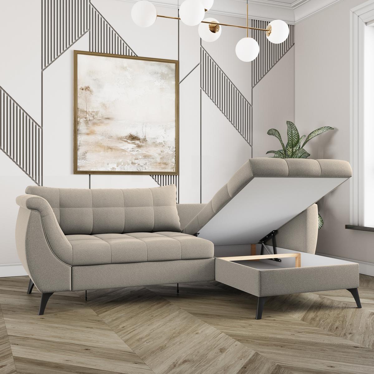 ECKSOFA MOLLIS Beige Geflochtener-Stoff mit Schlaffunktion - Beige, Holz (241/154cm) - MASSENO
