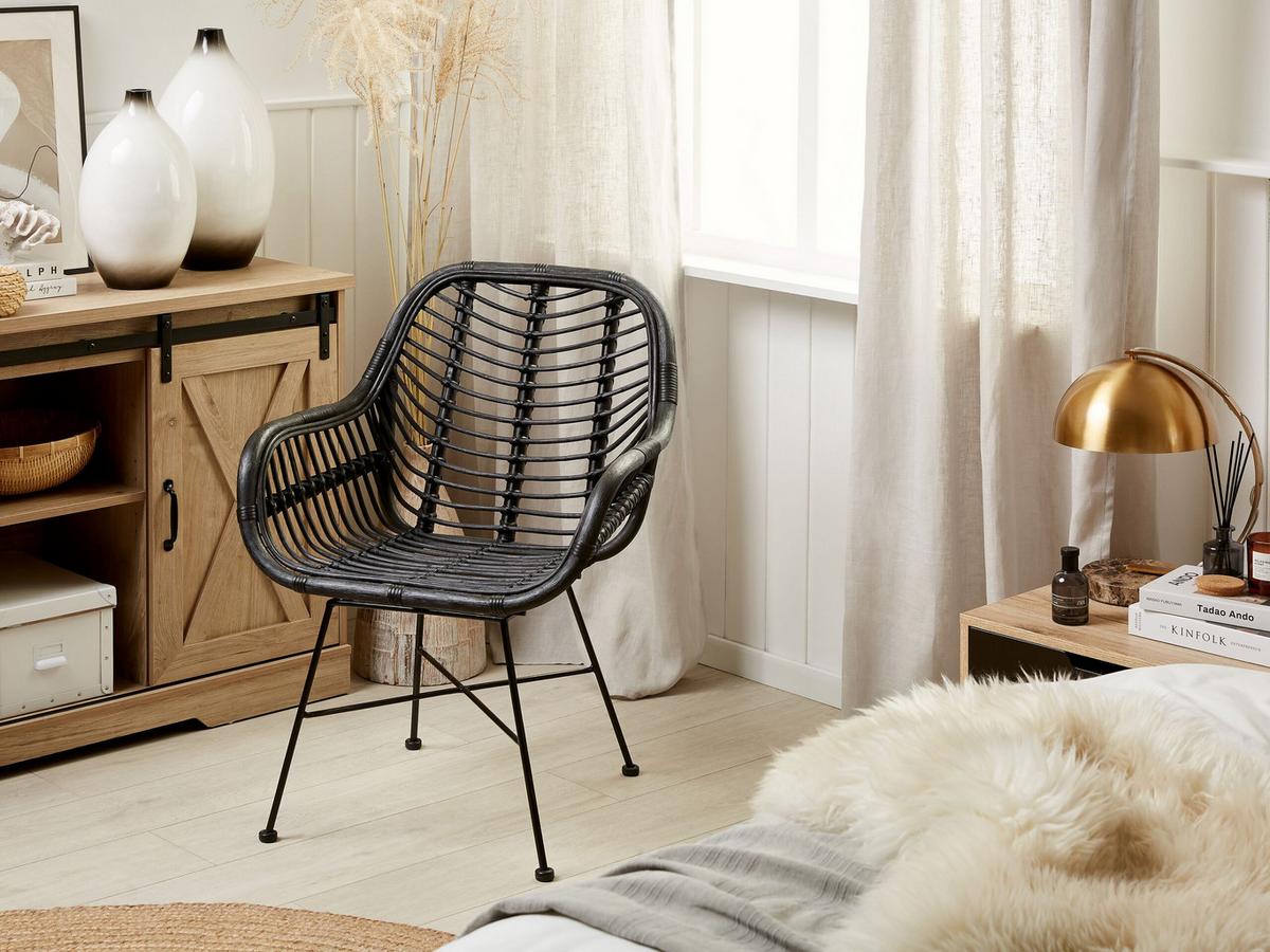 RATTANSTUHL Rattan Schwarz Canora - Schwarz, Naturmaterialien/Metall (64/89/51cm) - Beliani