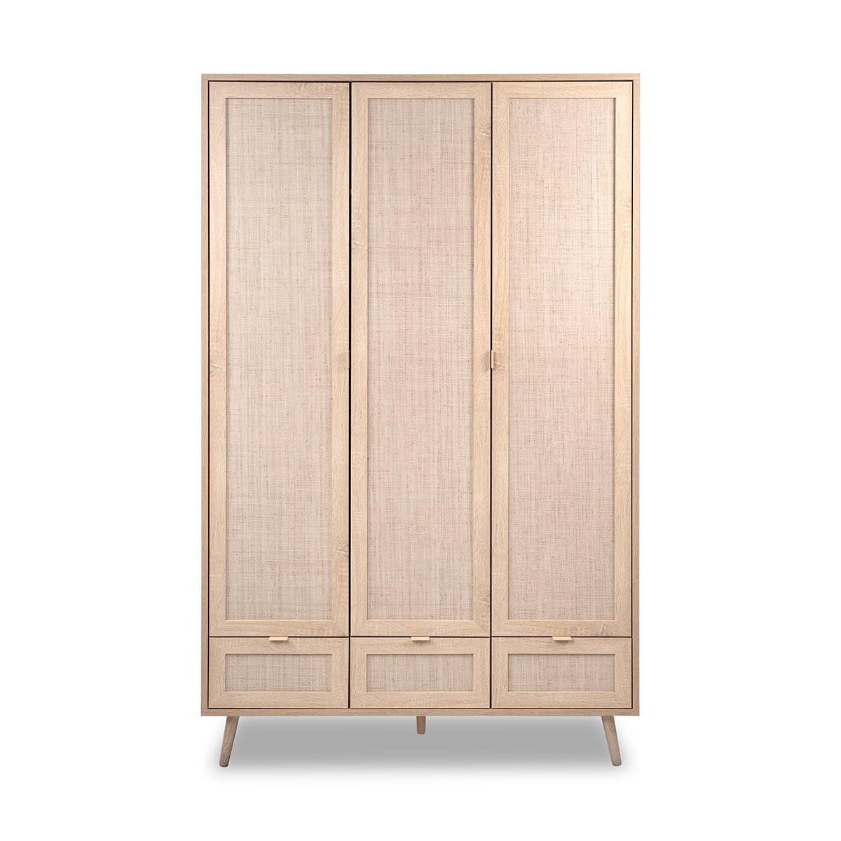 SCHRANK mit 3 Türen, 3 Schubladen, 2 Kleiderstangen L120cm - Rattan-Druck - Bali - Eschefarben, Holzwerkstoff (55/195/5.5cm) - Calicosy