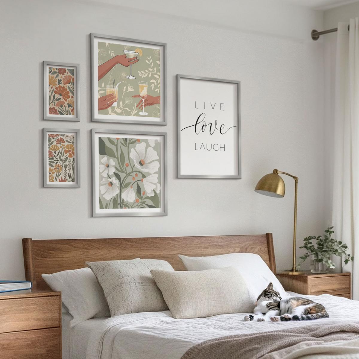 BILDER SET 5er Set - 50x50 cm & 20x30 cm & 40x60 cm Silberner Rahmen - Boho-Pflanzenmuster - Silberfarben, Kunststoff (40/60cm) - TULUP