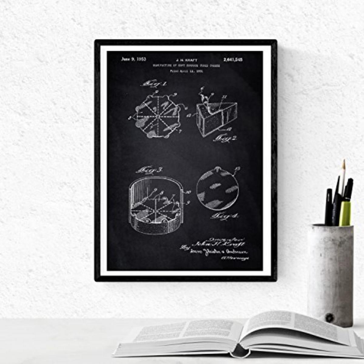 POSTER Set mit 4 Schwarz PATENTEN von Lebensmitteln A4 Schwarzer Rahmen - Schwarz, Papier (29.7/3cm) - Nacnic