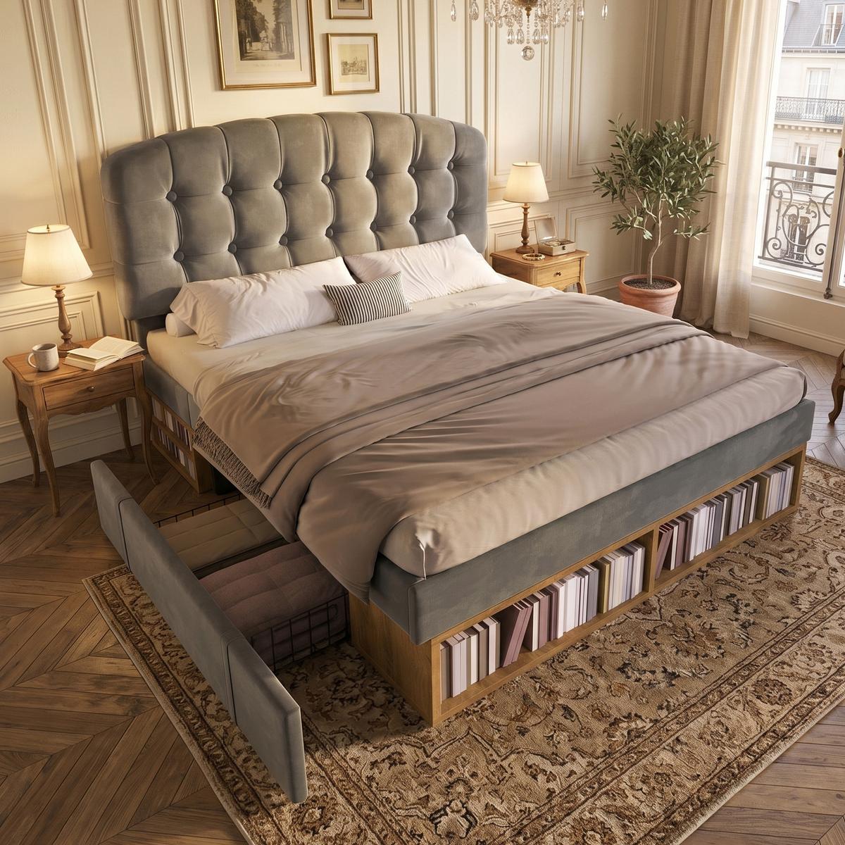 POLSTERBETT Samt Grau 140x200 mit Stauraum und verstellbarem Kopfteil - Grau, Textil (140/200cm) - Urban Meuble