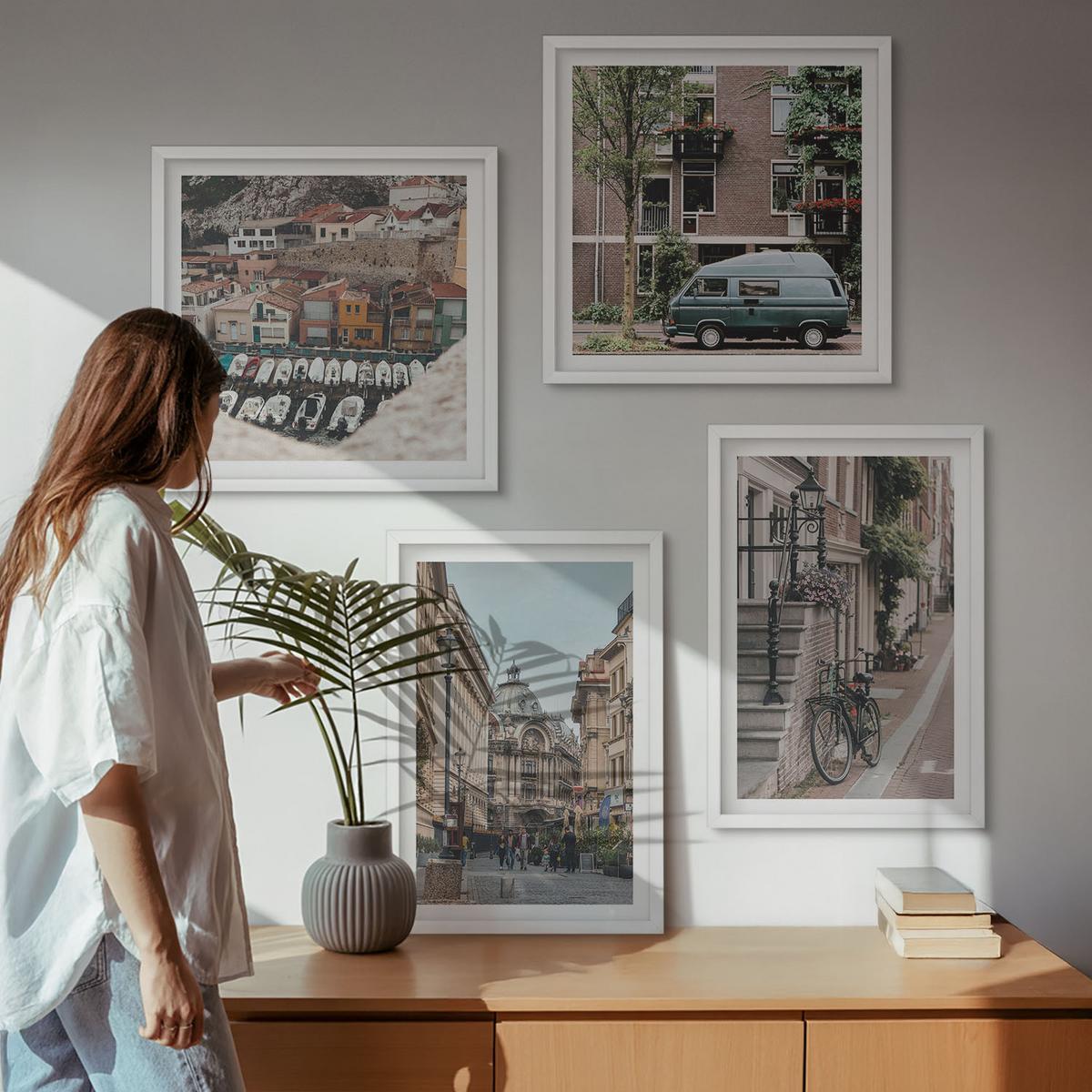 BILDER SET 4er Set - 50x50 cm & 40x60 cm Weißer Rahmen - Stadtansichten von Gebäuden - Weiß, Kunststoff (50/50cm) - TULUP