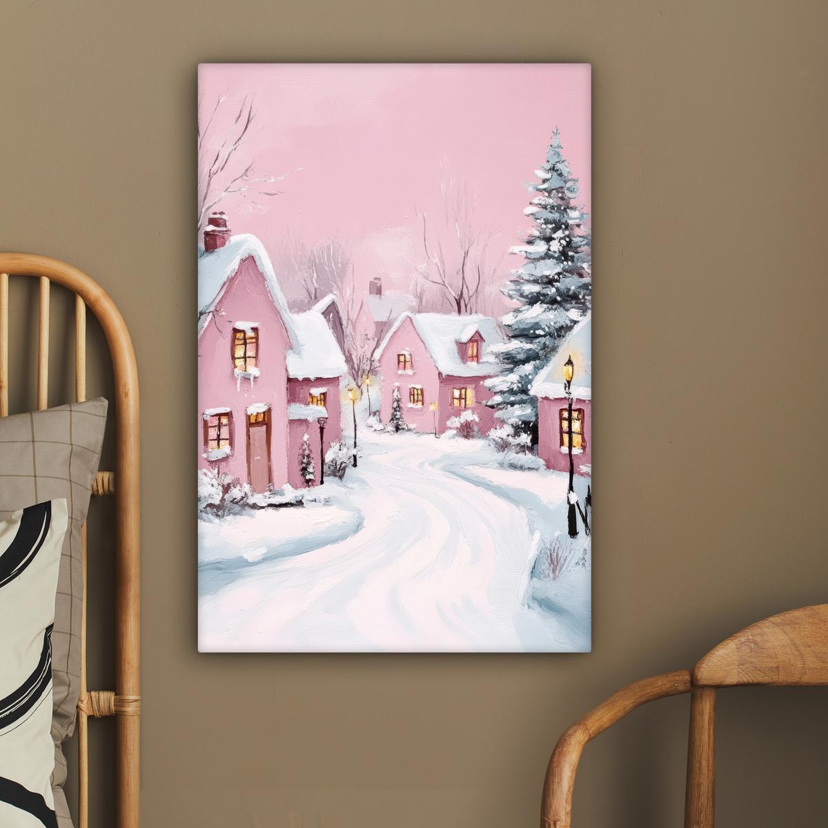 LEINWANDBILD Weihnachtsdorf - Rosa - Winter - Schnee - Häuser Wanddeko Schlafzimmer 60x90 cm - Altrosa, Textil (60/90cm) - MuchoWow