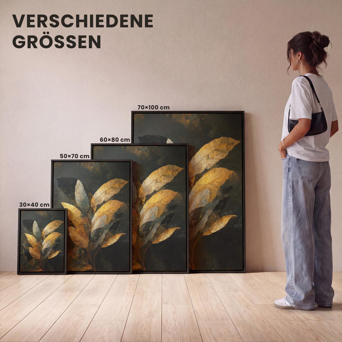 LEINWAND Bilder mit Rahmen - Golden Leaf Komposition - Botanical Luxury - 50x70 - Goldfarben, Textil (50/70cm) - MuchoWow