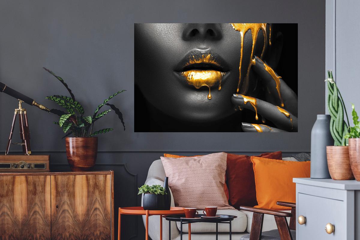 WANDTATTOO Frau - Schwarz - Gold - Gesicht - Lippen Wandsticker 120x80 cm - Goldfarben, Kunststoff (120/80/0.1cm) - MuchoWow