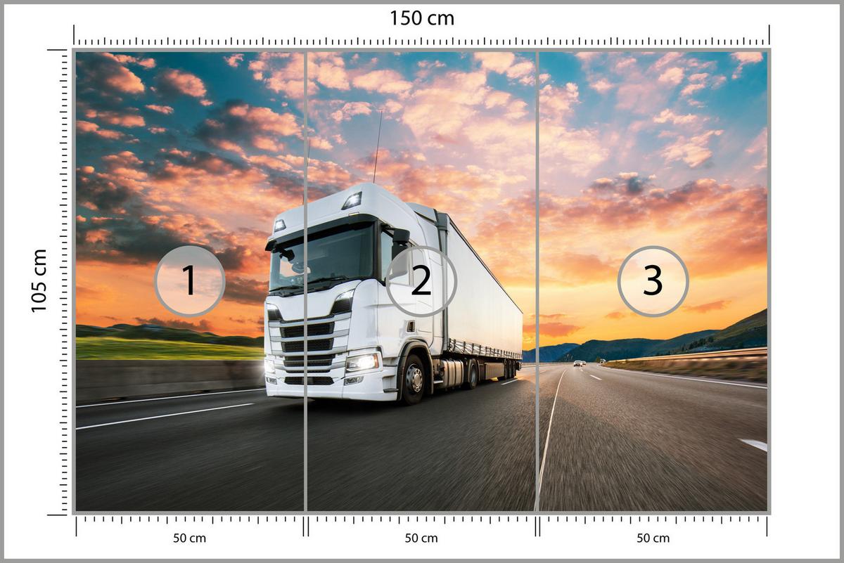FOTOTAPETE Ein Lastwagen Autobahn Sonnenuntergang Berge 150x105 - Rosa/Orange, Papier (150/105cm) - Muralo