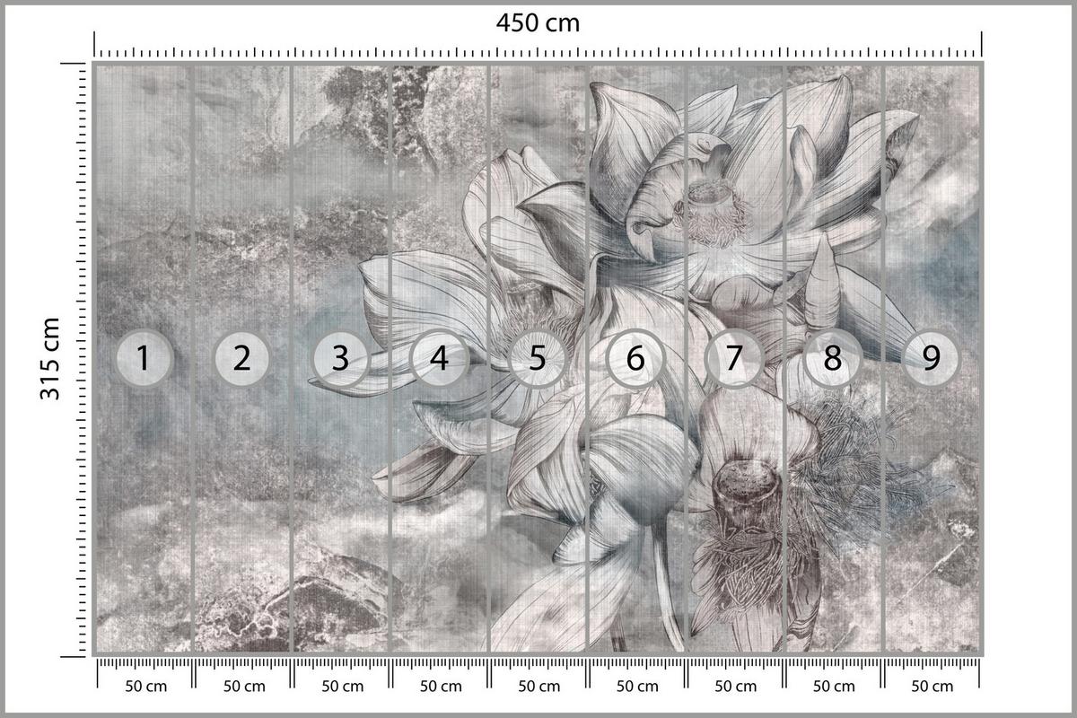 FOTOTAPETE für Wohnzimmer Wunderschöne Blume Betonwand Retro 450x315 - Grau, Papier (450/315cm) - Muralo