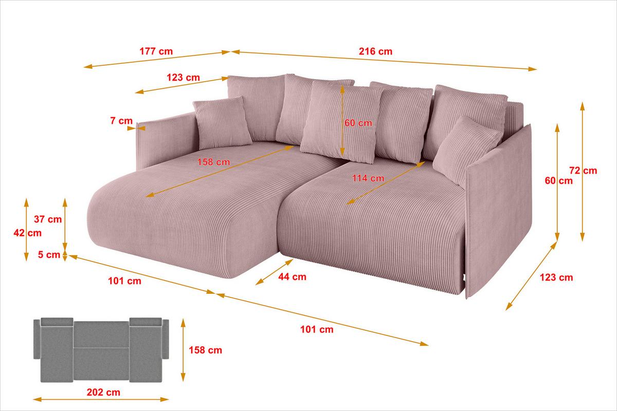 ECKSOFA Ottomane links ONESK-L 216x177x72 Rosa Cord - Rosa, Holzwerkstoff/Kunststoff (216/177cm) - ALTDECOR
