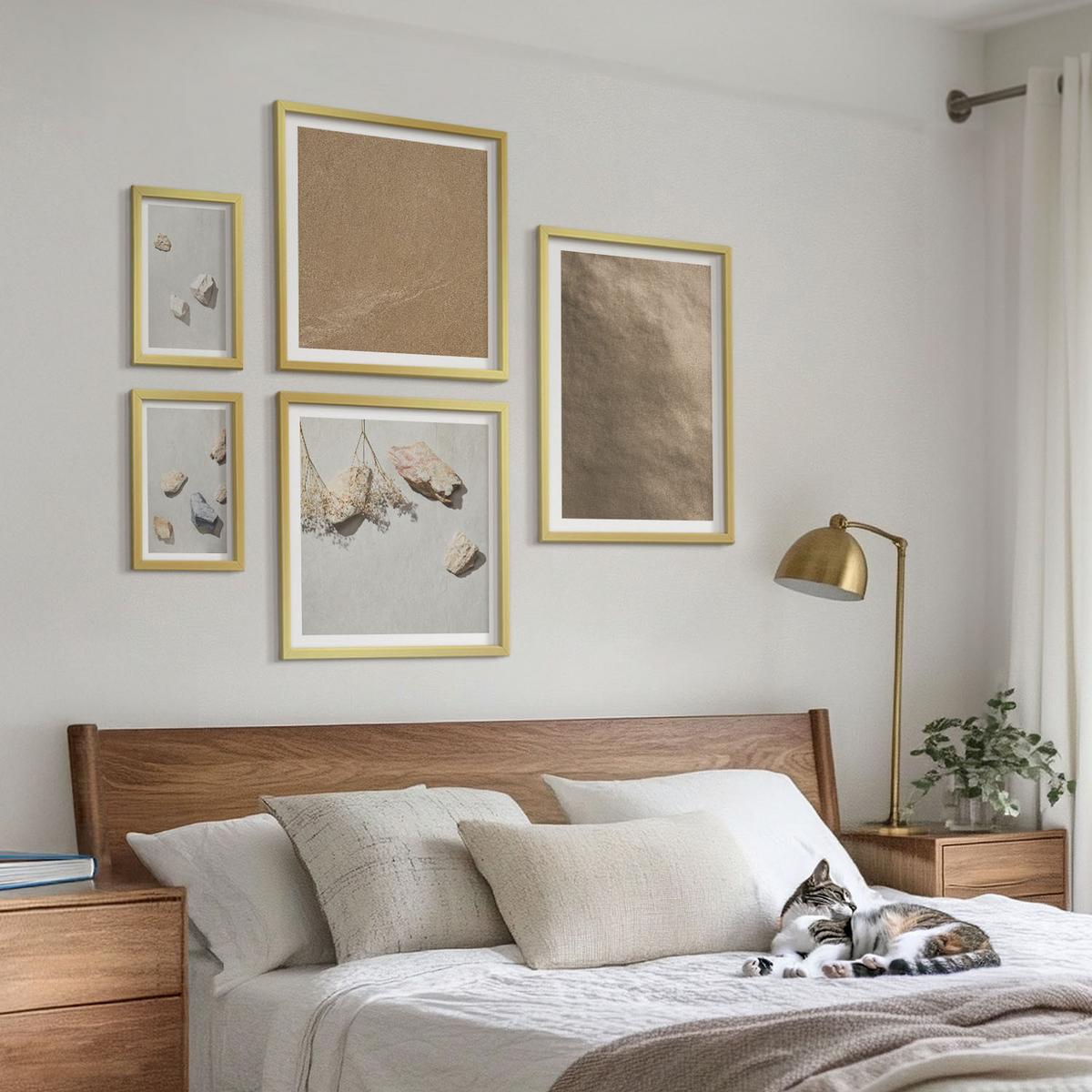 BILDER SET 5er Set - 50x50 cm & 20x30 cm & 40x60 cm Goldrahmen - Strandsteine natürliche Strukturen - Goldfarben, Kunststoff (40/60cm) - TULUP
