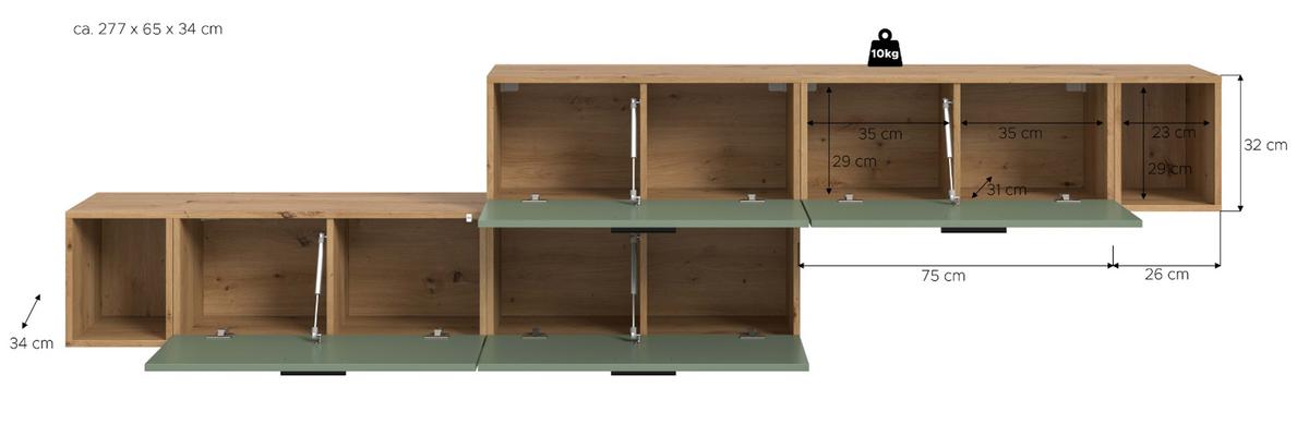 SIDEBOARD grün, Eiche Artisan 277 cm, Kommode mit Soft-Close - Schwarz/Eiche Artisan, Holzwerkstoff/Kunststoff (277/65/34cm) - Inn.Furn