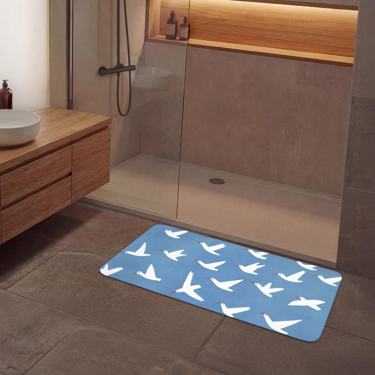 BADEMATTE Vögel - Weiß - Muster 120x60 cm - Blau, Textil (120/60cm) - OnlyWow