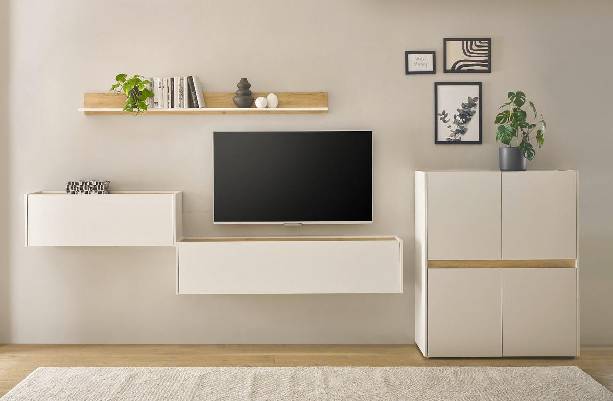 WOHNWAND weiß, Eiche Wotan 4-teilig 370 cm, Komplettset mit Sekretär - Eiche Wotan/Schwarz, Holz/Holzwerkstoff (370/170/40cm) - Furn.Design