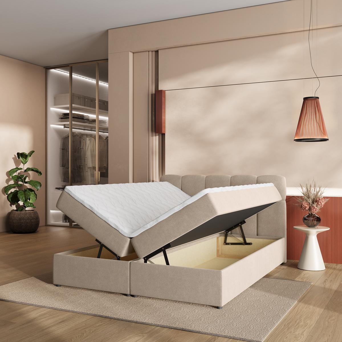 BOXBETT MERU 140x200 cm mit Matratze und Topper - Beige - Beige, Holz (140/200cm) - MASSENO
