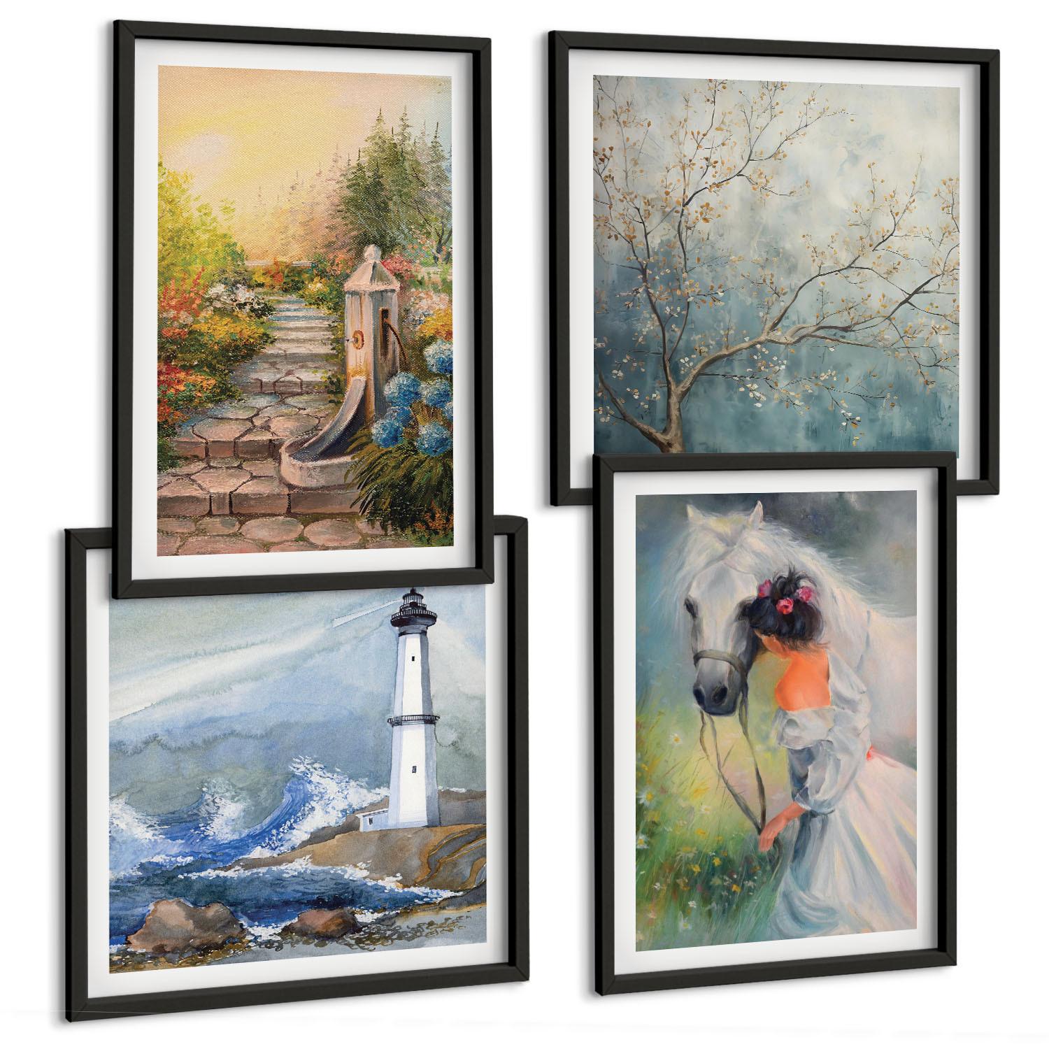 BILDER SET 4er Set - 50x50 cm & 40x60 cm Schwarzer Rahmen - Leuchtturm, Landschaft, Mädchen, Pferd - Schwarz, Kunststoff (50/50cm) - TULUP