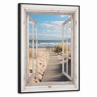 LEINWAND Bilder mit Rahmen - Fenster - Meer - Küste - Natur - Ausblick - Strand - Wattenmeer - 50x70 - Beige, Textil (50/70cm) - MuchoWow