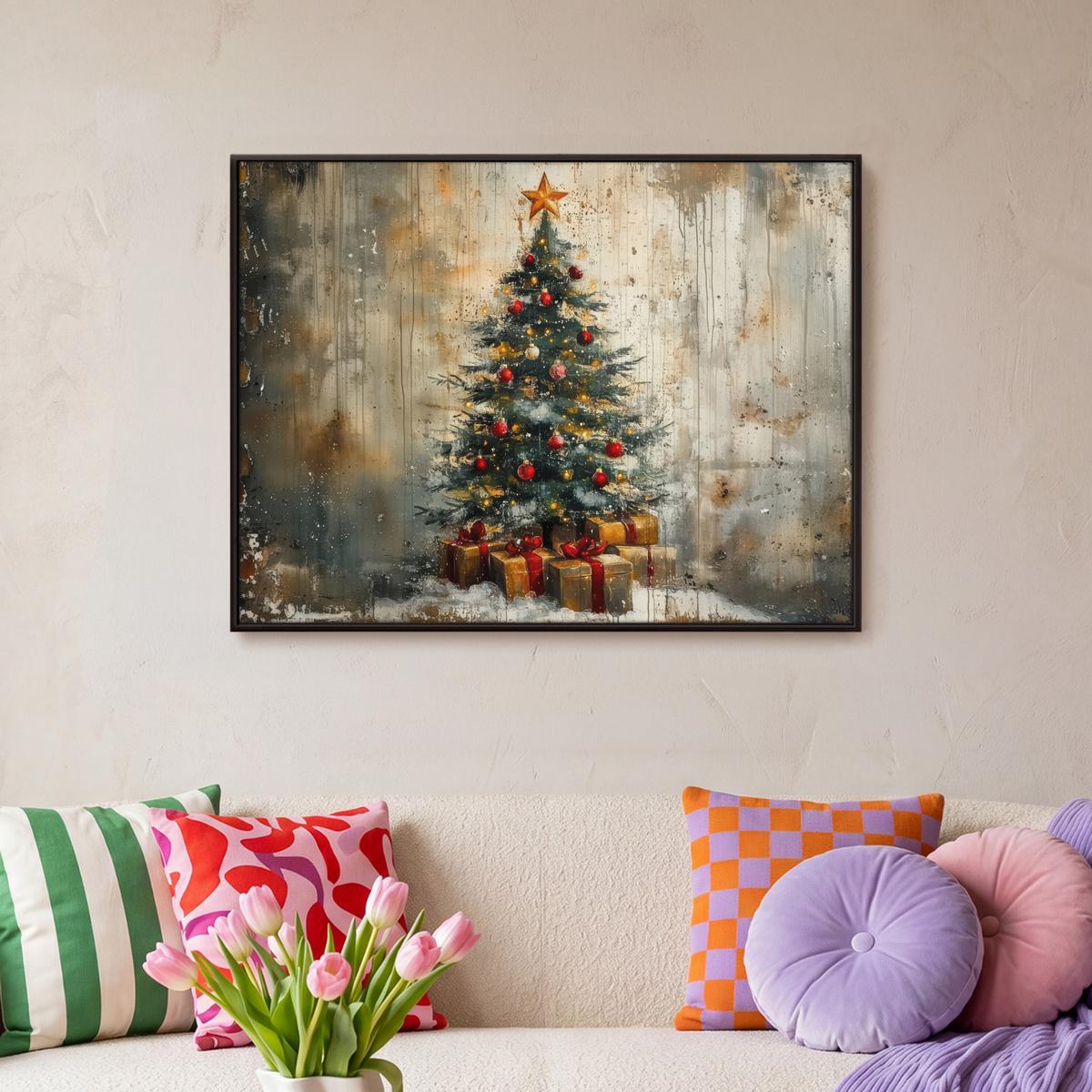 LEINWAND Bilder mit Rahmen - Weihnachtsbaum - Vintage - Weihnachten - Geschenk - 80x60 - Rostfarben, Textil (80/60cm) - MuchoWow