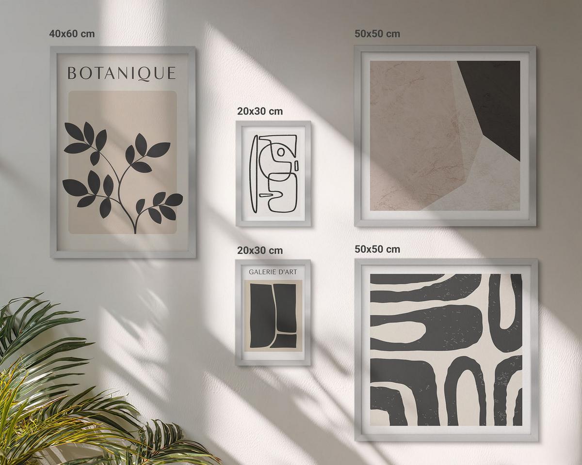 BILDER SET 5er Set - 50x50 cm & 20x30 cm & 40x60 cm Silberner Rahmen - Abstrakte Boho-Musterformen - Silberfarben, Kunststoff (40/60cm) - TULUP