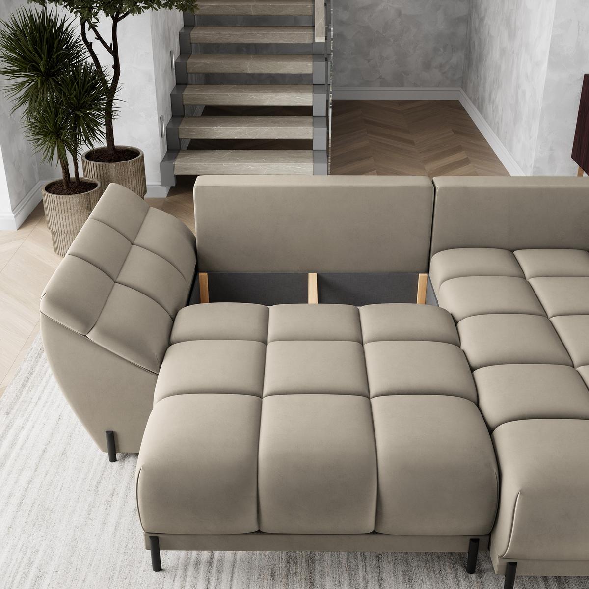 ECKSOFA VESTANO R-S Beige Velours-Stoff mit Schlaffunktion - Beige, Holz (287/182cm) - MASSENO