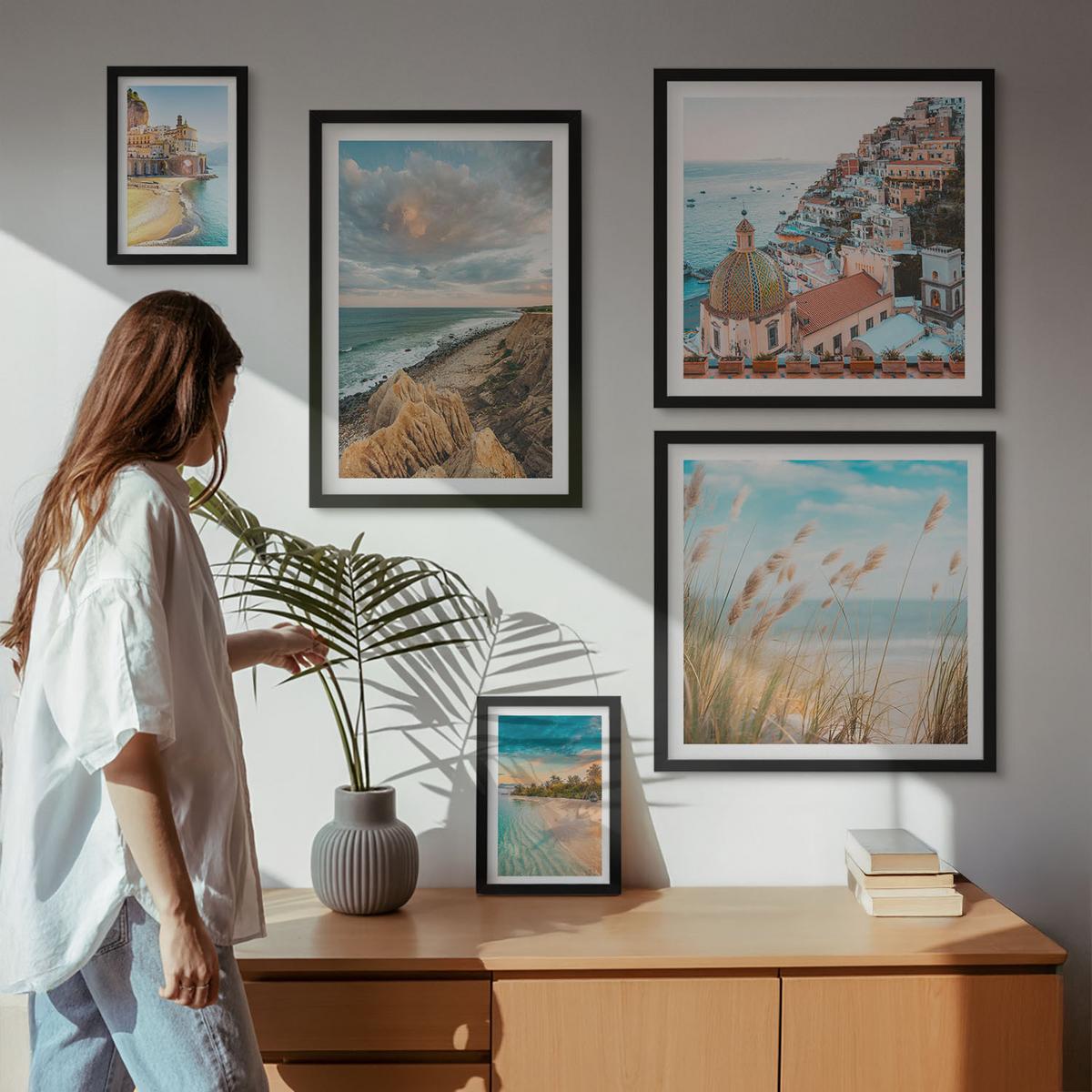 BILDER SET 5er Set - 50x50 cm & 20x30 cm & 40x60 cm Schwarzer Rahmen - Landschaften Strand Stadt Klippen - Schwarz, Kunststoff (40/60cm) - TULUP