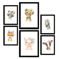POSTER Set Mit 6 Blumentiere Weißer Hintergrunddruck Mit Baby Tiermotiven Im Pastell Aquarell Stil Innenarchitektur A3 & A4 Schwarzer Rahmen - Schwarz, Papier (29/3cm) - Nacnic