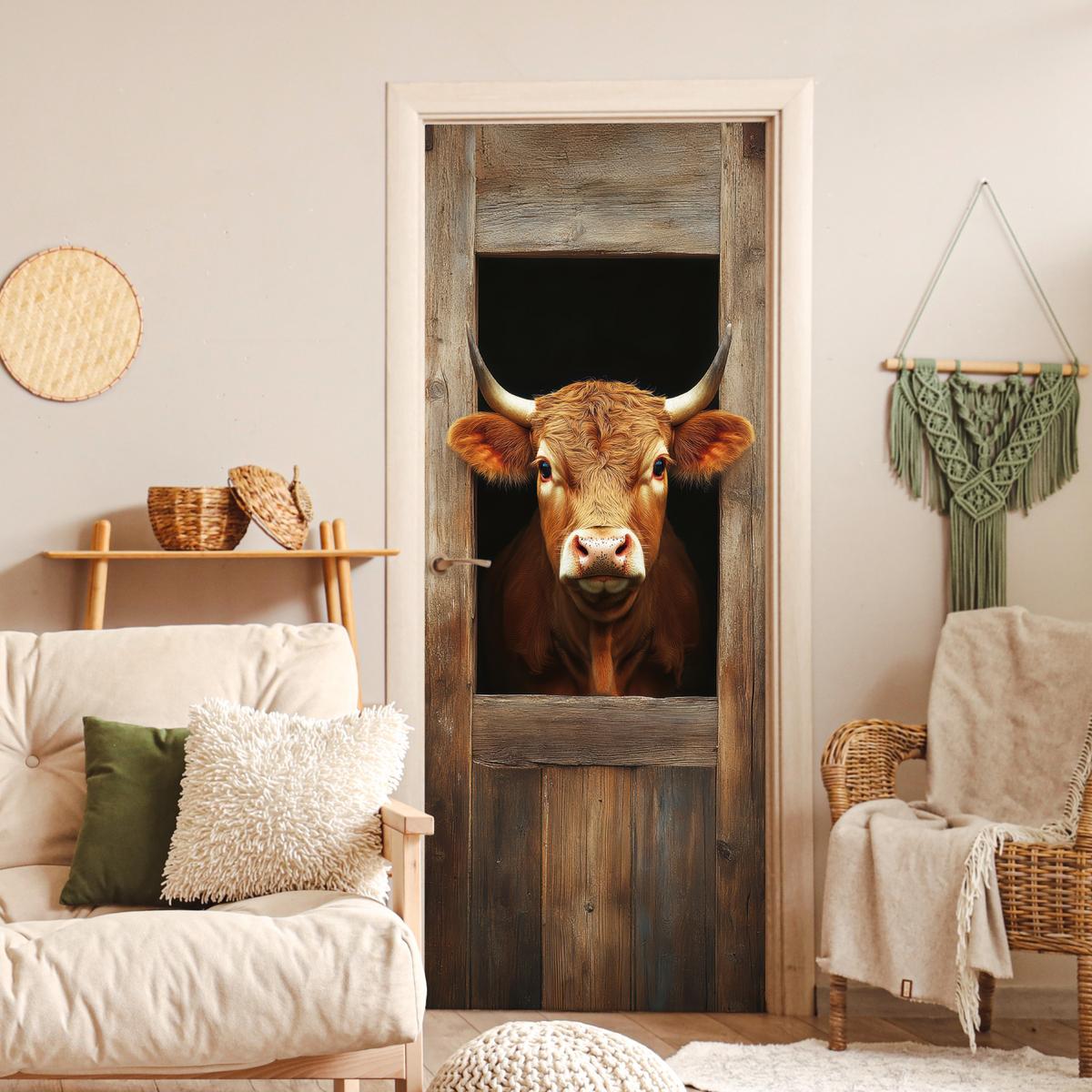 TÜRAUFKLEBER Kuh - Fenster - Holz - Tiere 80x215 cm - Türtapete - Wengefarben, Kunststoff (80/0.1cm) - MuchoWow