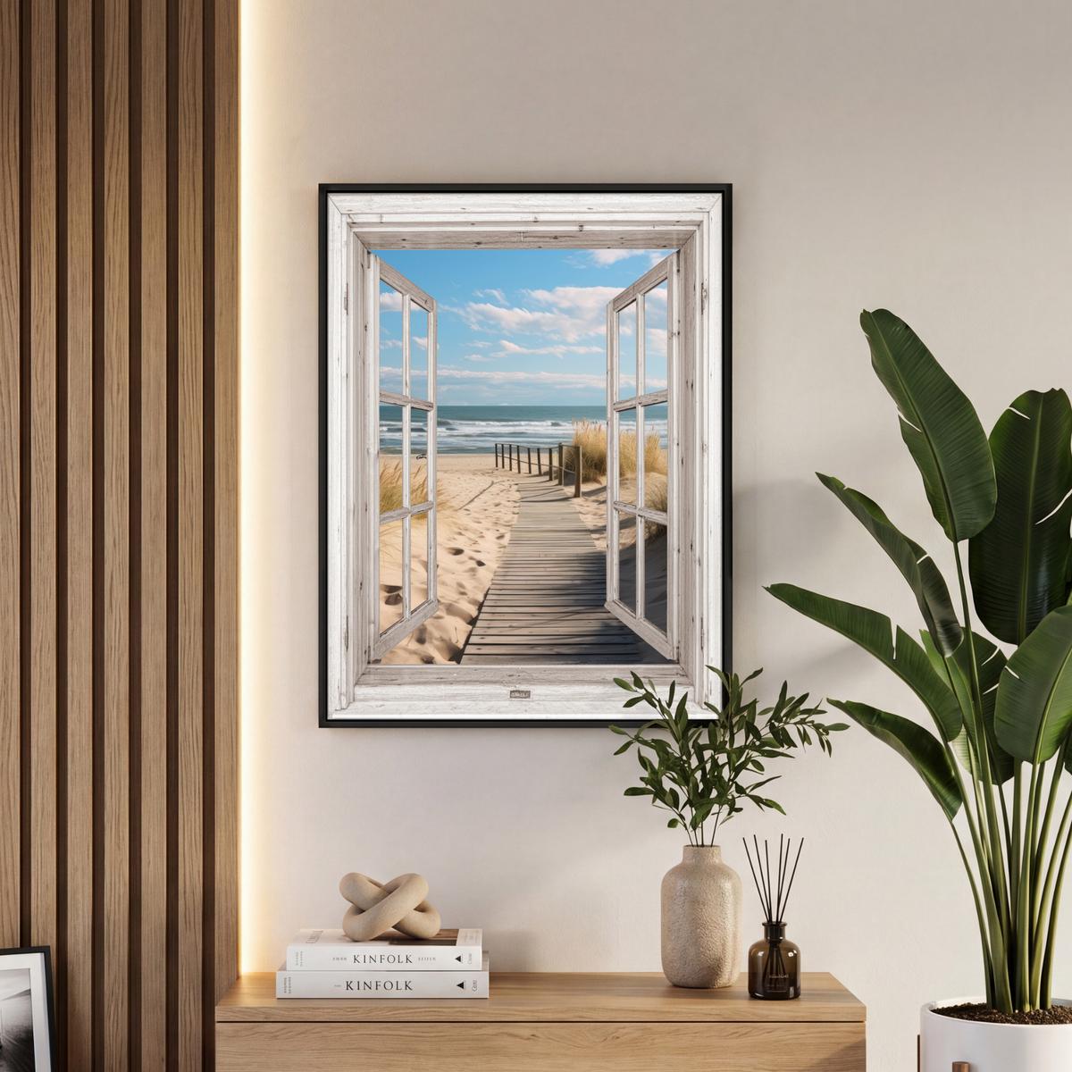 LEINWAND Bilder mit Rahmen - Fenster - Meer - Küste - Natur - Ausblick - Strand - Wattenmeer - 50x70 - Beige, Textil (50/70cm) - MuchoWow