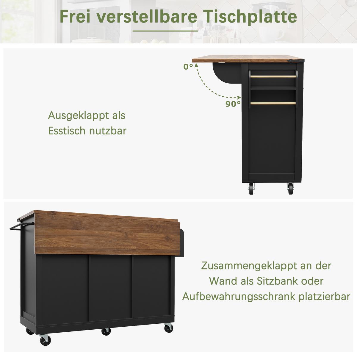 KÜCHENINSEL Schwarz mit Klapptisch, Schiebetüren & Rollen - Schwarz, Holzwerkstoff (140/94/45cm) - Urban Meuble