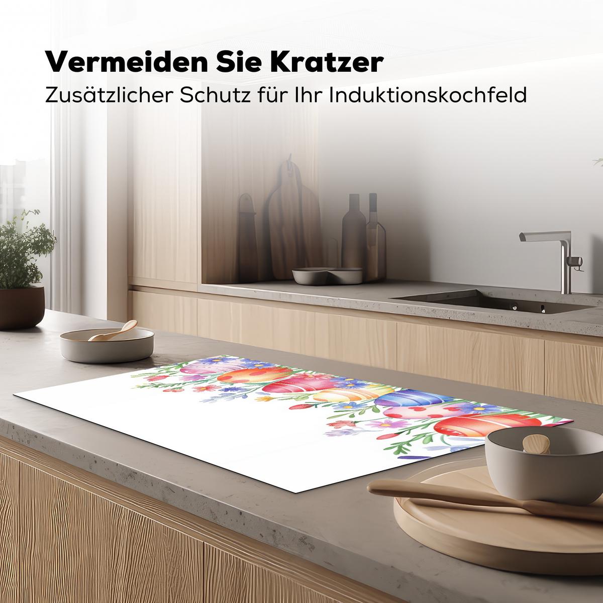 HERDABDECKPLATTE Blumengarten - Bunt - Eier Ceranfeldabdeckung 90x52 cm - Weiß, Kunststoff (90/52/0.2cm) - MuchoWow