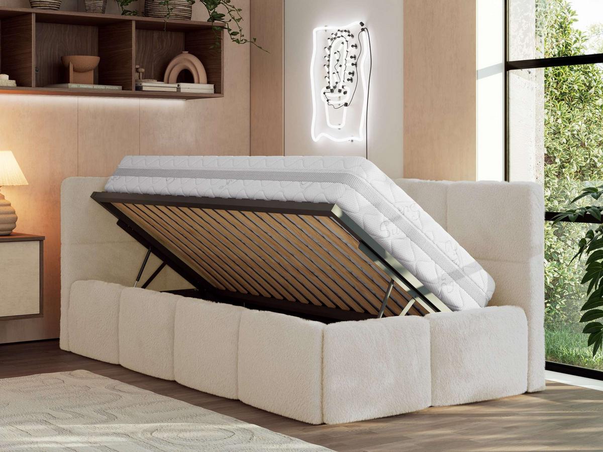 JUGENDBETT ARVO 90/200 - Creme Plüsch - Multipocket-Matratze - Links Seite - Creme, Textil (90/200cm) - MKS