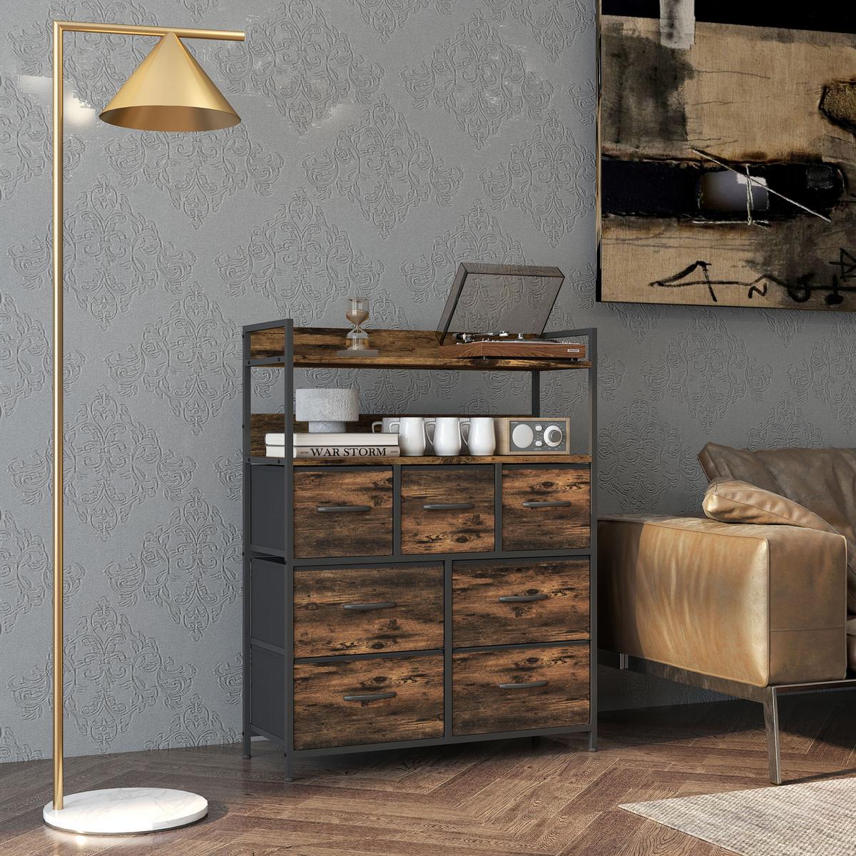 KOMMODE aus Stoff mit 7 Schubladen, Rustikal-Braun - Braun, Textil (29/101/79cm) - HOMCOM