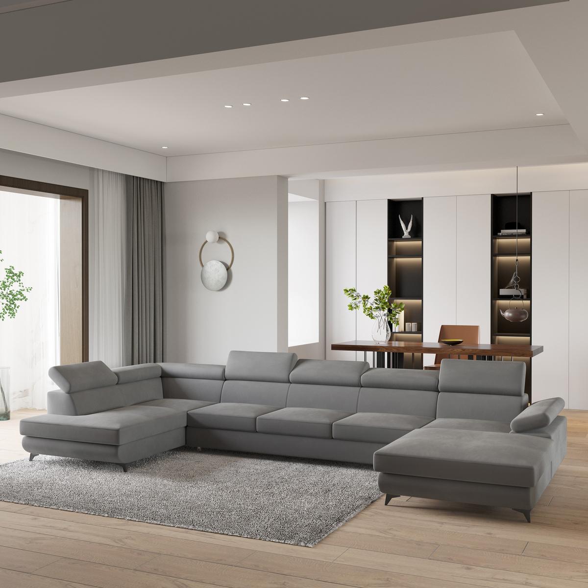 WOHNLANDSCHAFT MONTIVA Grau Velours-Stoff mit Schlaffunktion - Grau, Holz (410/89/190cm) - MASSENO