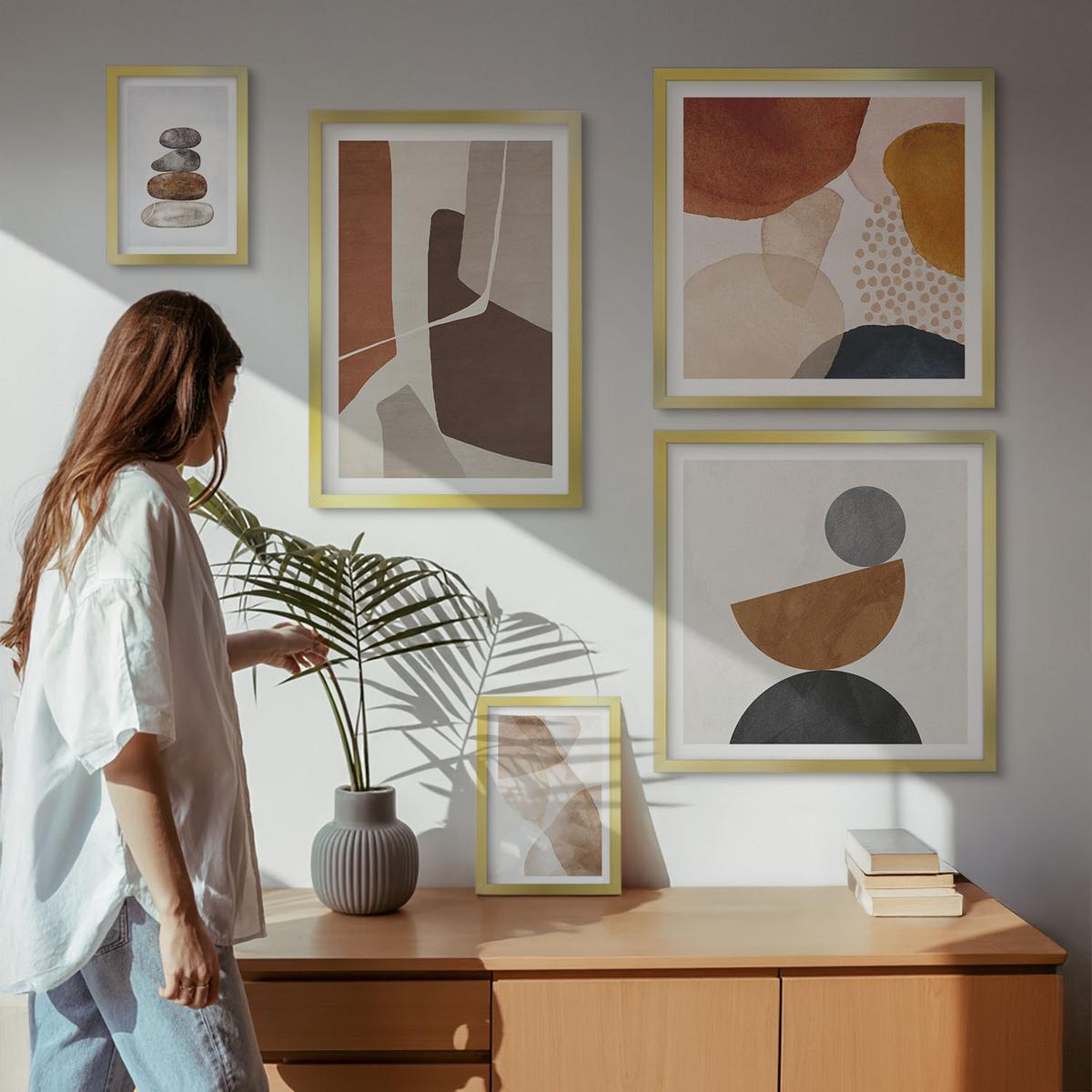 BILDER SET 5er Set - 50x50 cm & 20x30 cm & 40x60 cm Goldrahmen - Abstrakte Malerei Dekorationen - Goldfarben, Kunststoff (40/60cm) - TULUP