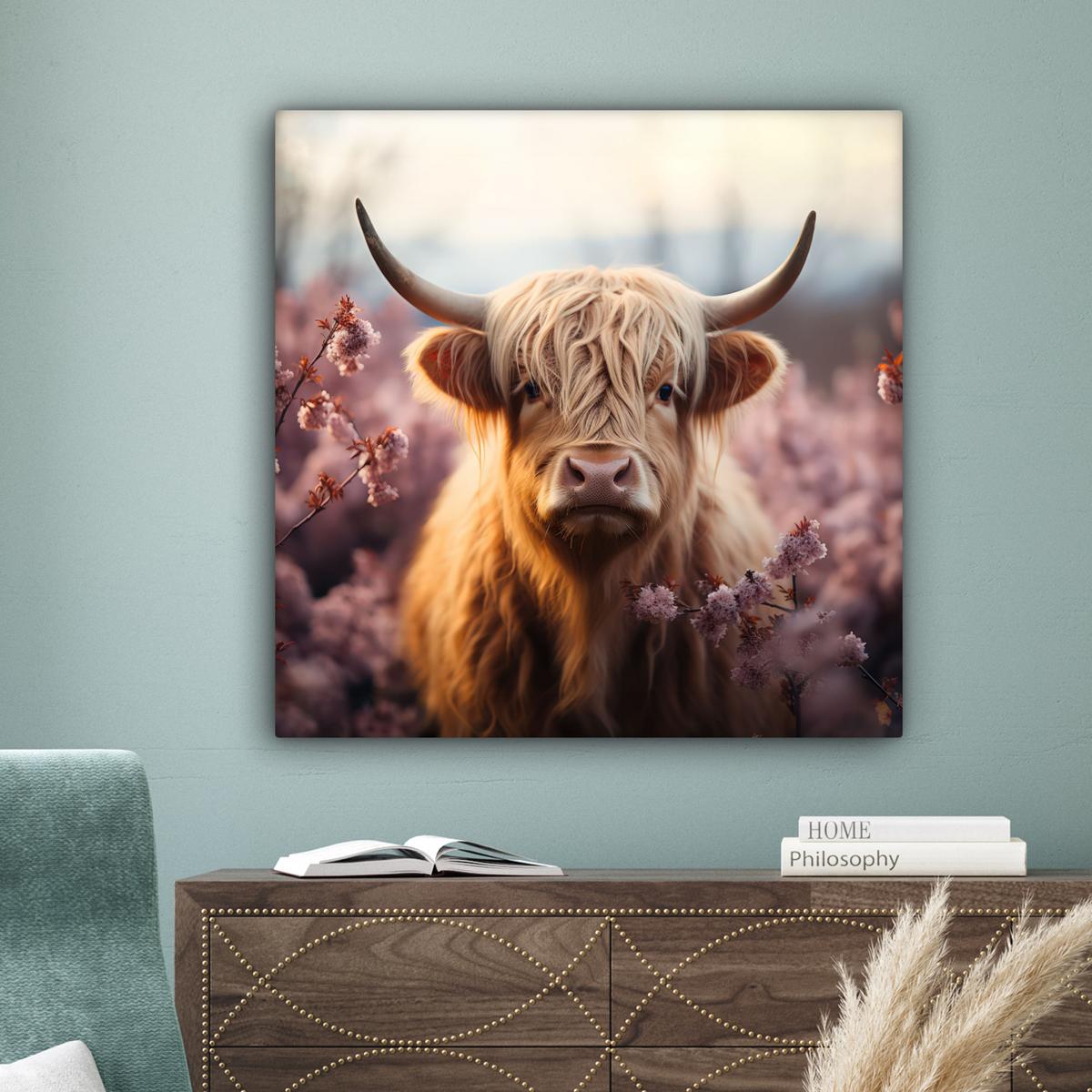 LEINWANDBILD Schottischer Hochländer - Frühling - Hochland Deko Groß 90x90 cm - Hellrosa, Textil (90/90cm) - MuchoWow