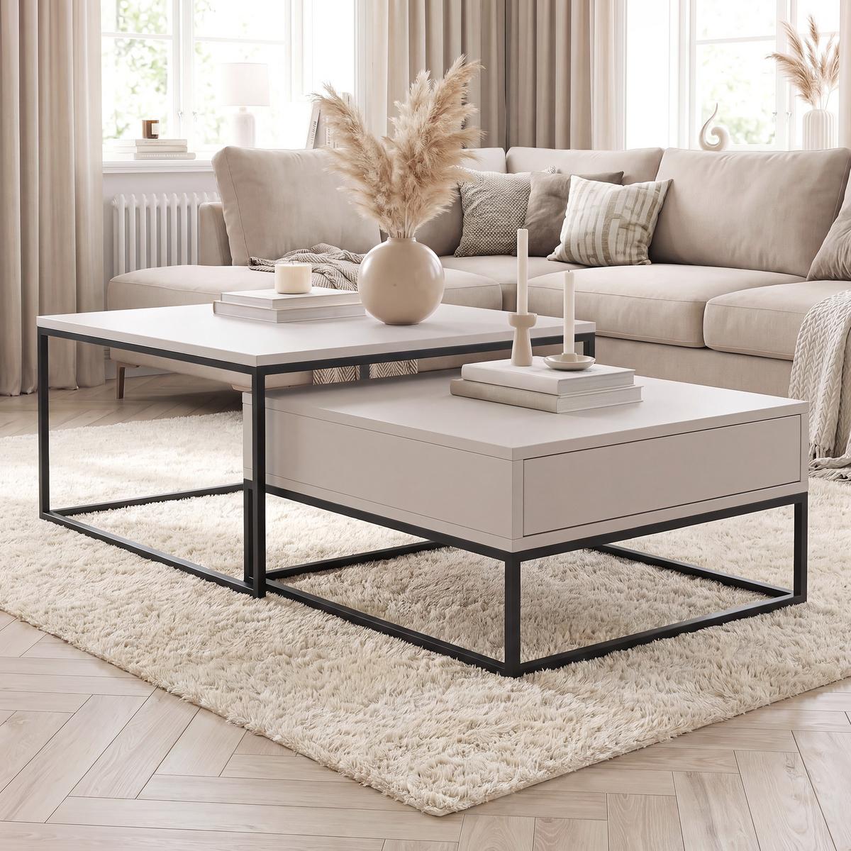 COUCHTISCH-SET ELEGANT 70/60 cm quadratischer, Schwarz / Kaschmir - Kaschmir/Schwarz, Holzwerkstoff/Metall (70/70/42cm) - Idohome