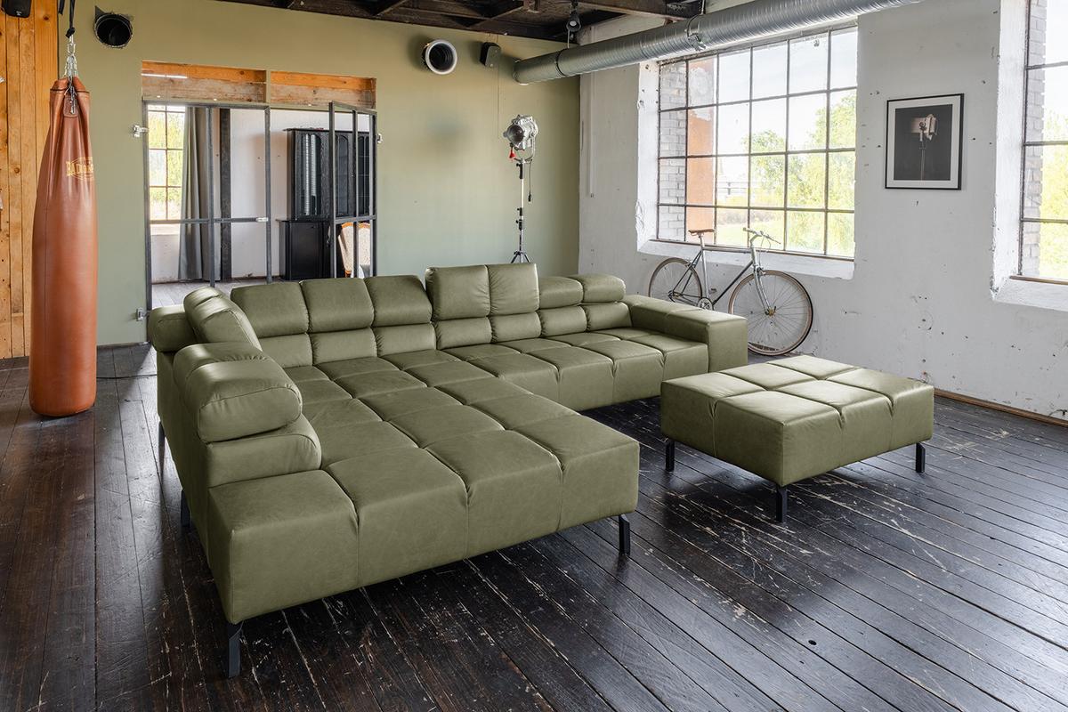 ECKSOFA NELSON Grün Leder - Schwarz/Olivgrün, Leder/Metall (321/216cm) - KAWOLA