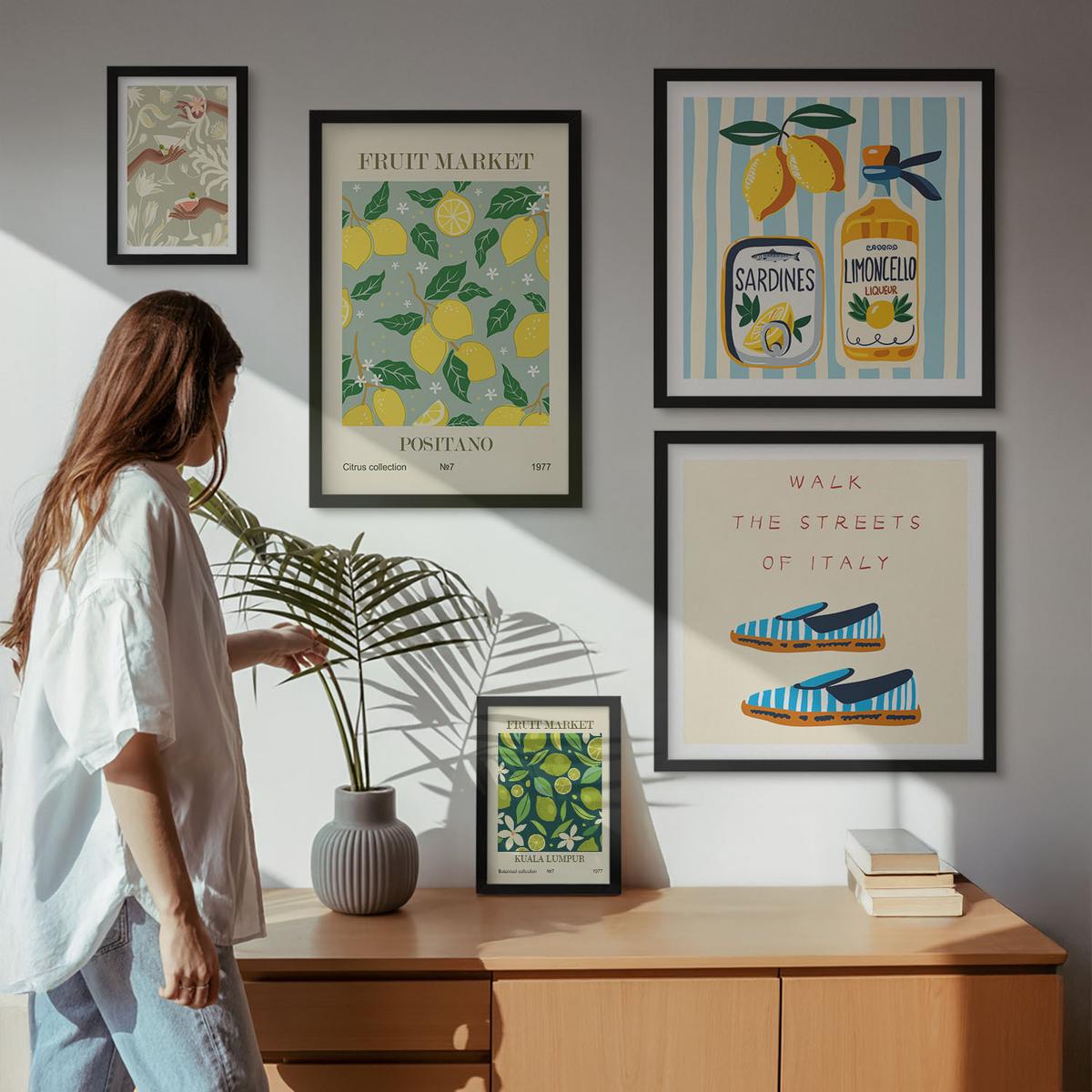 BILDER SET 5er Set - 50x50 cm & 20x30 cm & 40x60 cm Schwarzer Rahmen - Zitrusfrüchte der italienischen Tropen - Schwarz, Kunststoff (40/60cm) - TULUP