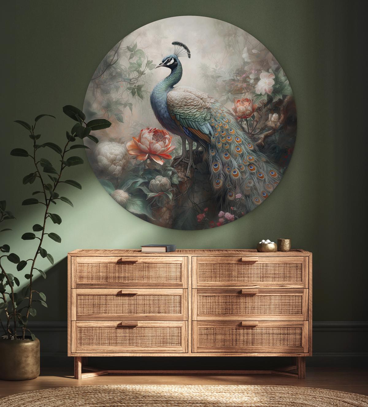 WANDBILD Pfau - Pfauenfedern - Vogel - Dschungel - Blumen Wandbild 120x120 cm - Smaragdgrün, Kunststoff (120/120cm) - MuchoWow