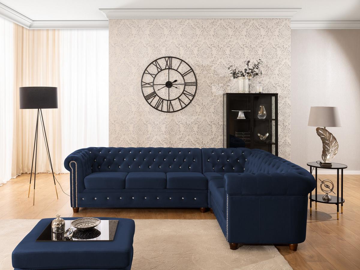 ECKSOFA Chesterfield Cleo Blink Marineblau Samt mit Kristallsteppung und braunen Massivholzfüßen - Ottomane Rechts - Blau/Braun, Holz/Textil (264/210cm) - S-Style Möbel