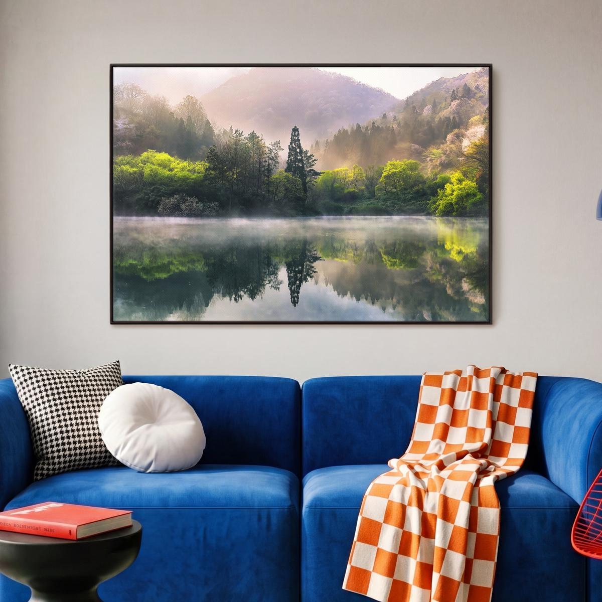 LEINWAND Bilder mit Rahmen - Natur - Bäume - Berge - See - Wasser - 90x60 - Hellgrün, Textil (90/60cm) - MuchoWow