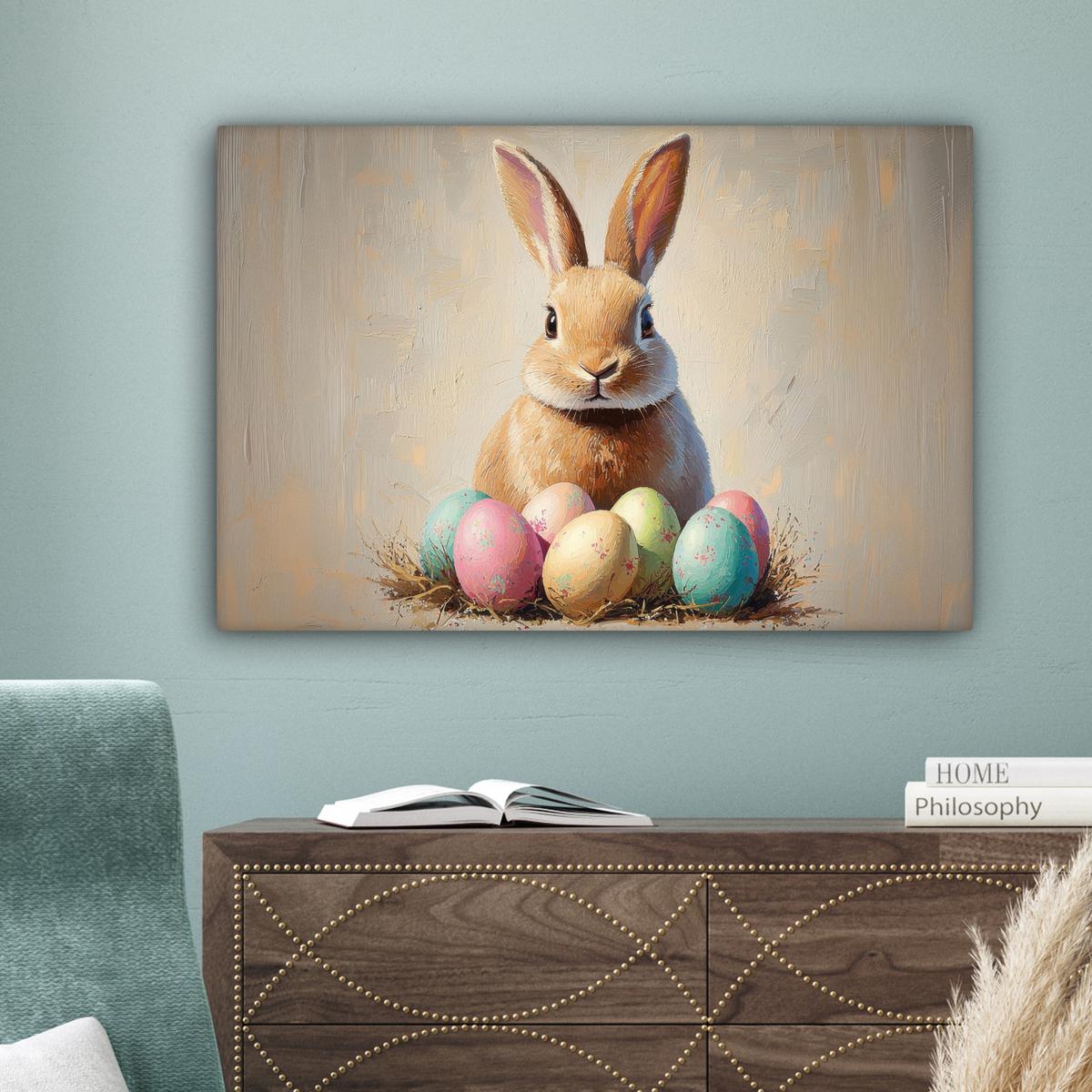LEINWANDBILD Osterhase - Pastell - Eier Wanddeko 90x60 cm - Beige, Textil (90/60cm) - MuchoWow
