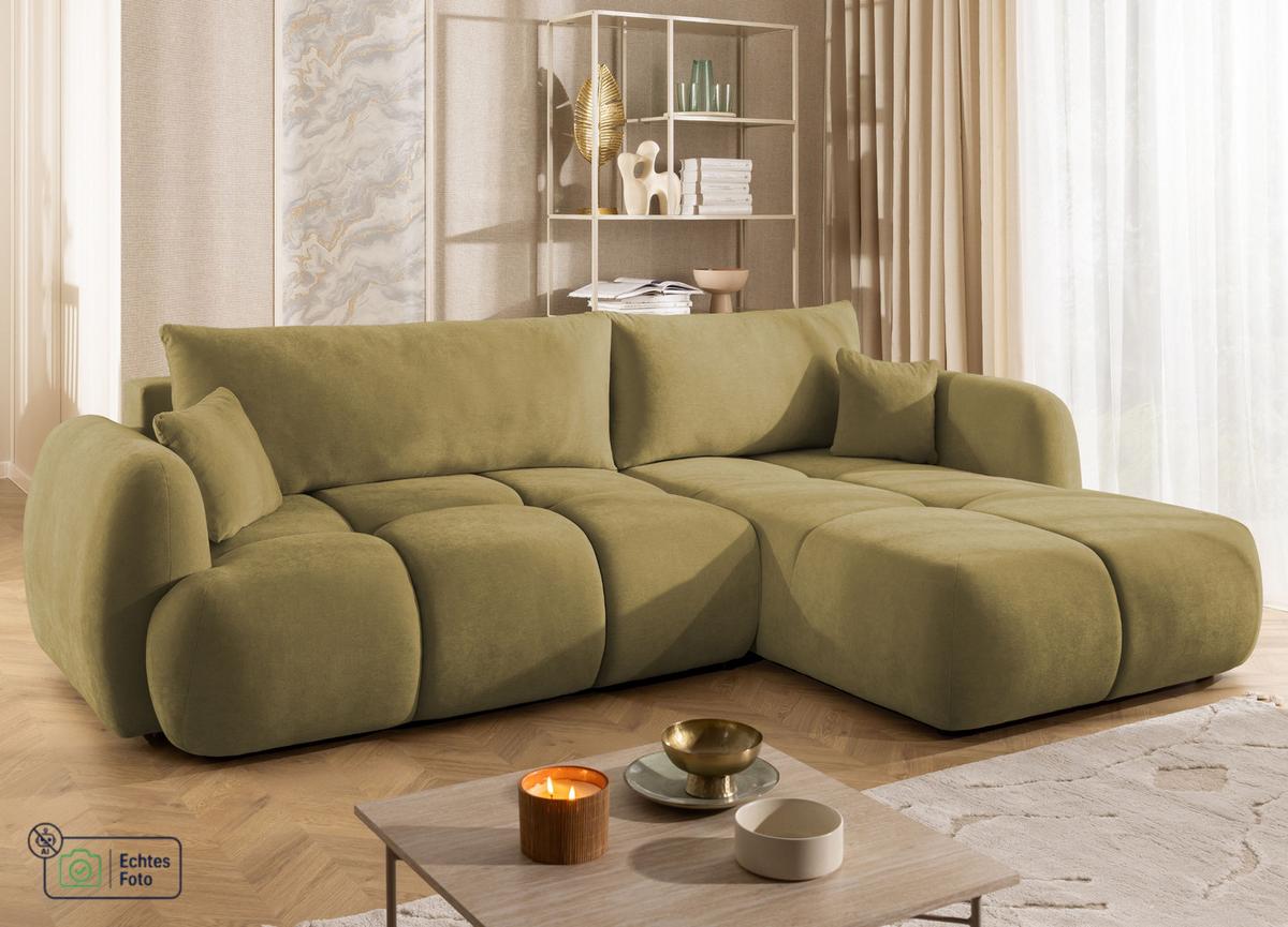ECKSOFA Loretto aus natürlichem Grün Webstoff mit Schlaffunktion, Bettkasten und tiefen Steppungen in Bubble-Optik - Schwarz/Grün, Holz/Kunststoff (275/180cm) - S-Style