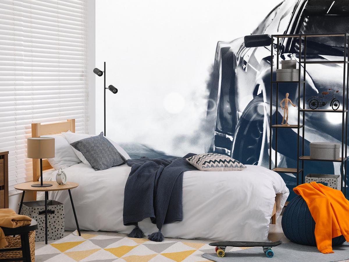 FOTOTAPETE für Jugendzimmer Drift Sportwagen Action 350x256 - Schwarz/Weiß, Papier (350/256cm) - Muralo