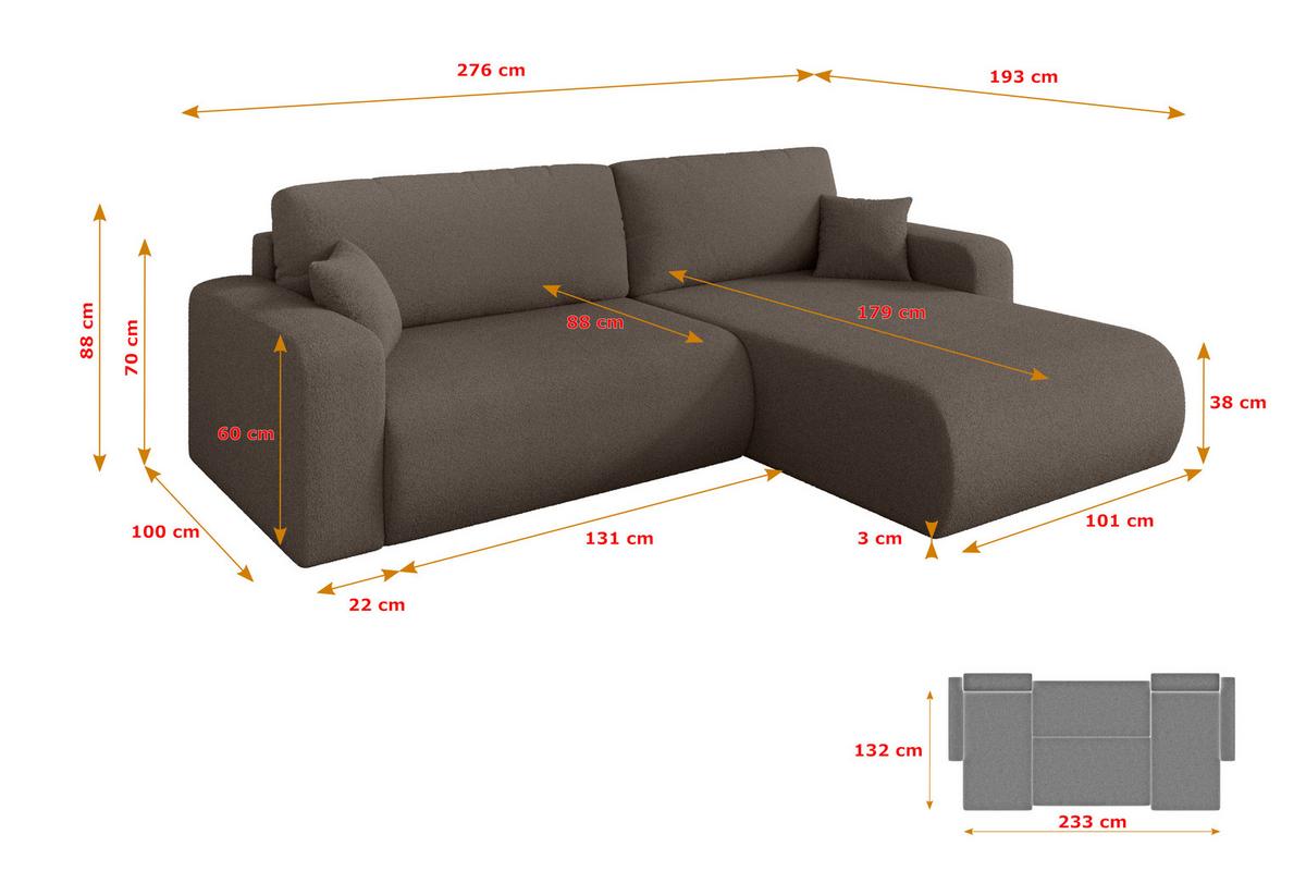 ECKSOFA mit Schlaffunktion Ottomane Rechts BERY-L 276x193x88 Braun Bouclé - Schwarz/Braun, Holzwerkstoff/Kunststoff (276/193cm) - ALTDECOR